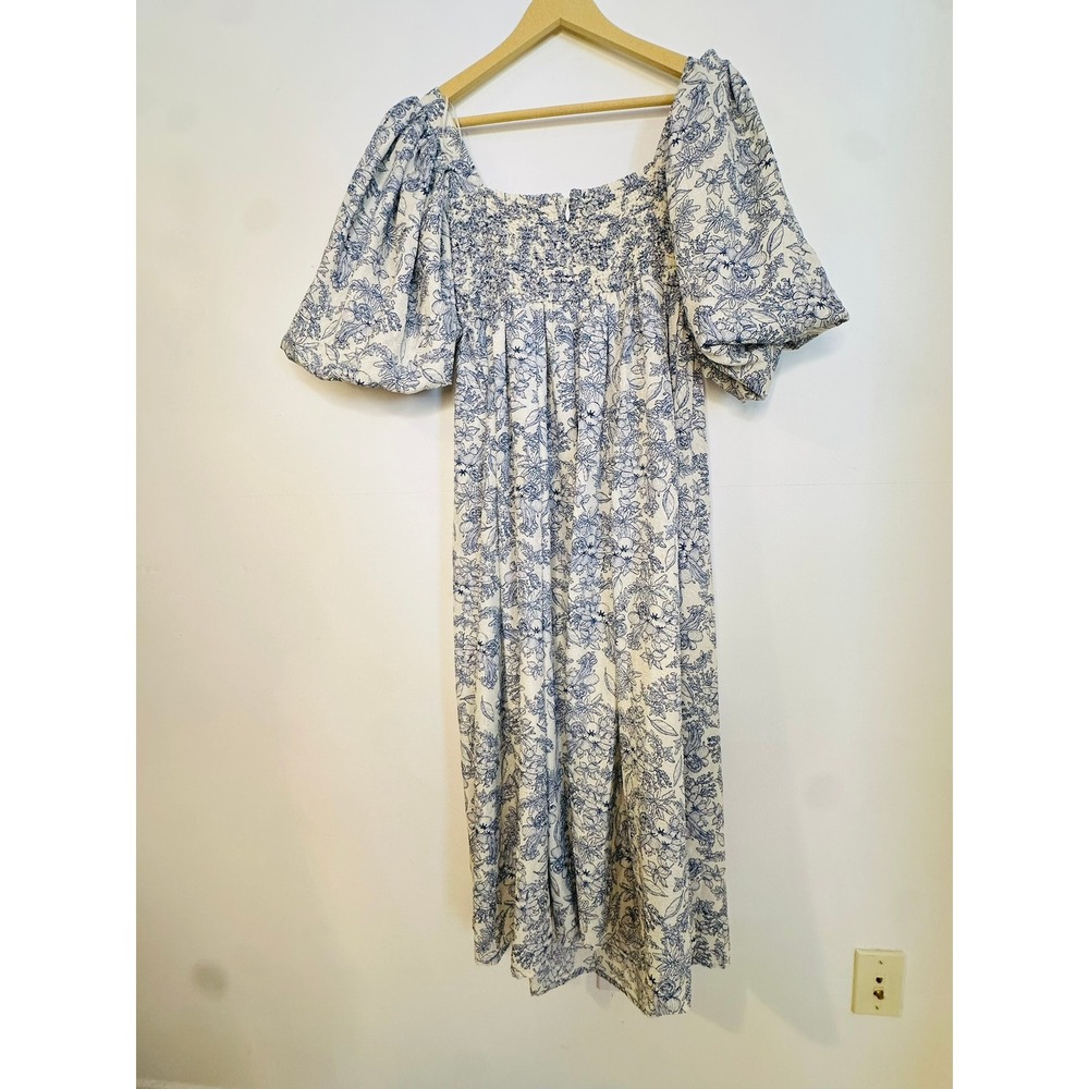 Zoco Gala Dress Women S Blue Floral Smocked Puff Toile Milkmaid cottagecore - Picture 8 of 10